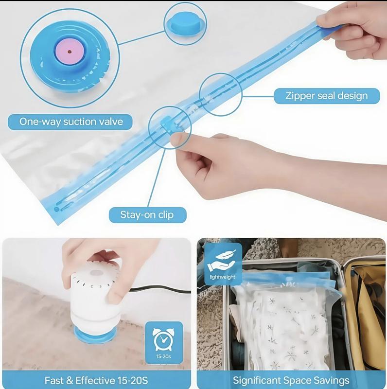 One-way suction valve, zipper seal design and stay-on clip on a vacuum storage bag